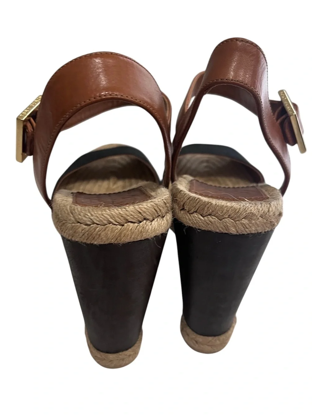 Tory Burch Bima Black Canvas dark brown Wedge Sandals Size 8